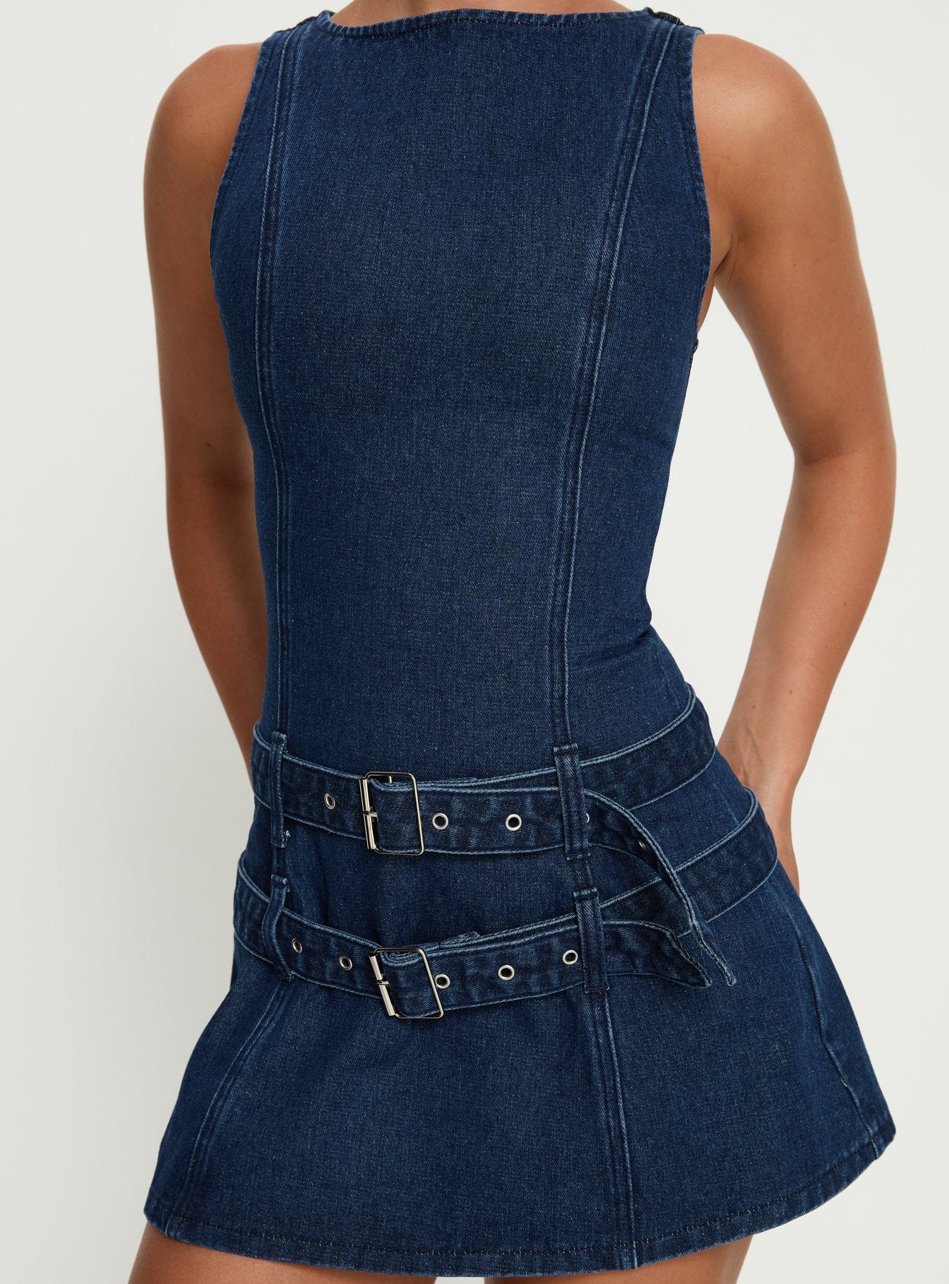 denim dress with buckles GB Buckle Front Denim Mini Dress