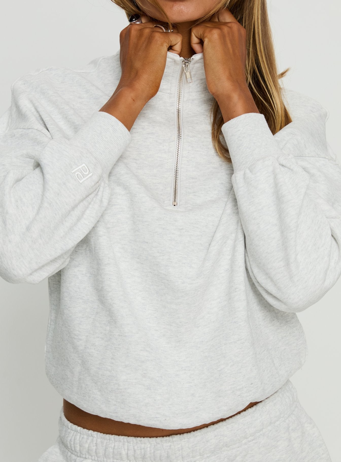 back view of model wearing Princess Polly Rozanna 1/4 Zip Jumper Grey Marle 