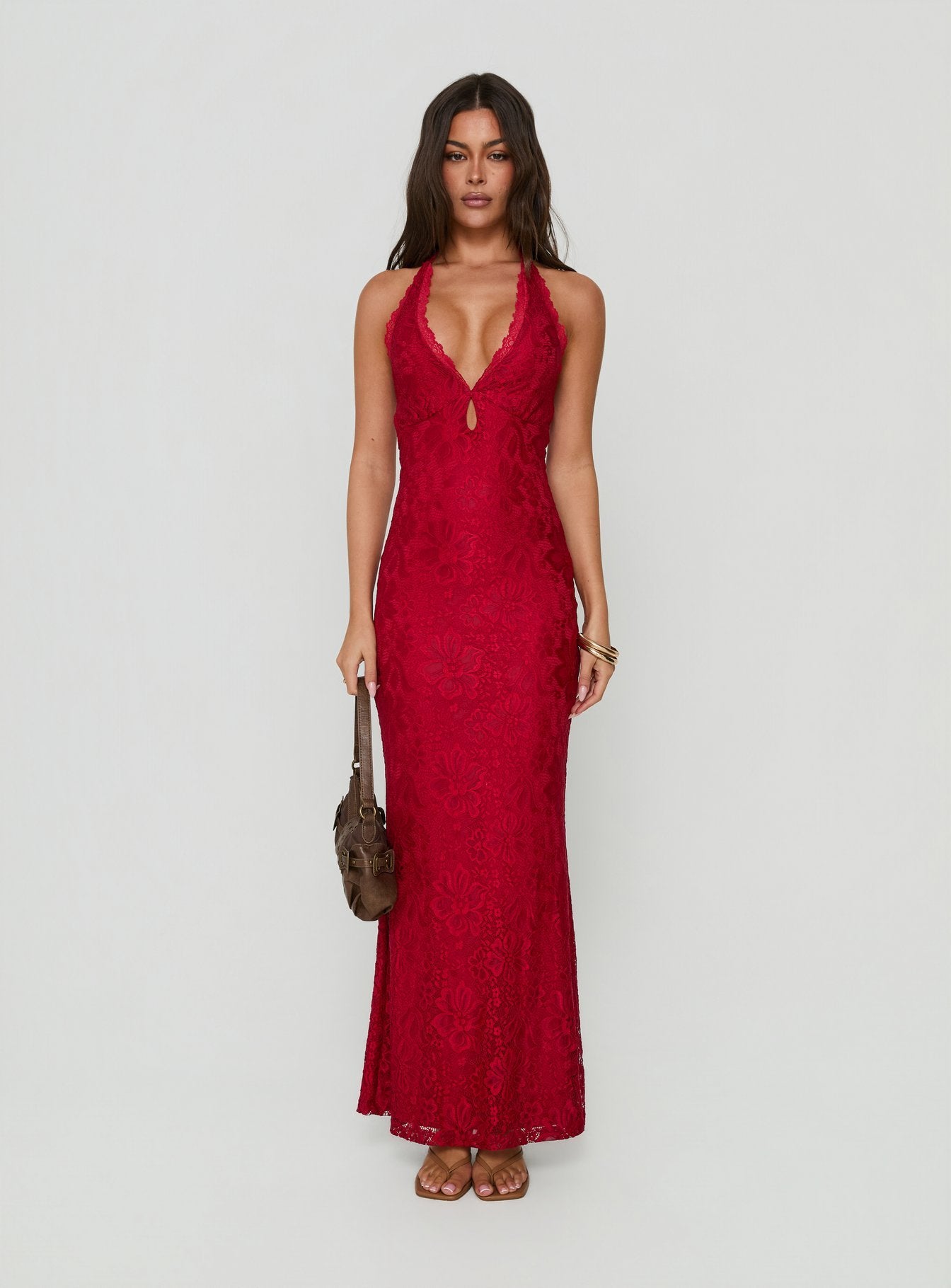 Kalaia Lace Halter Maxi Dress Red