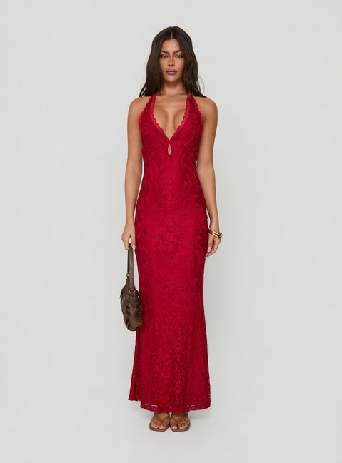 Kalaia Lace Halter Maxi Dress Red