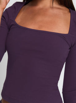 back view of model wearing Princess Polly So American Rib 3/4 Sleeve Top Purple Three Fourth Sleeves Square Neck 