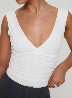 side view of model wearing Princess Polly Klaude Bodysuit White Sleeveless Plunger 