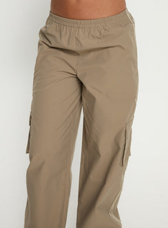 side view of model wearing Princess Polly Ellyn Baggy Cargo Pants Khaki Mid Rise Pants 