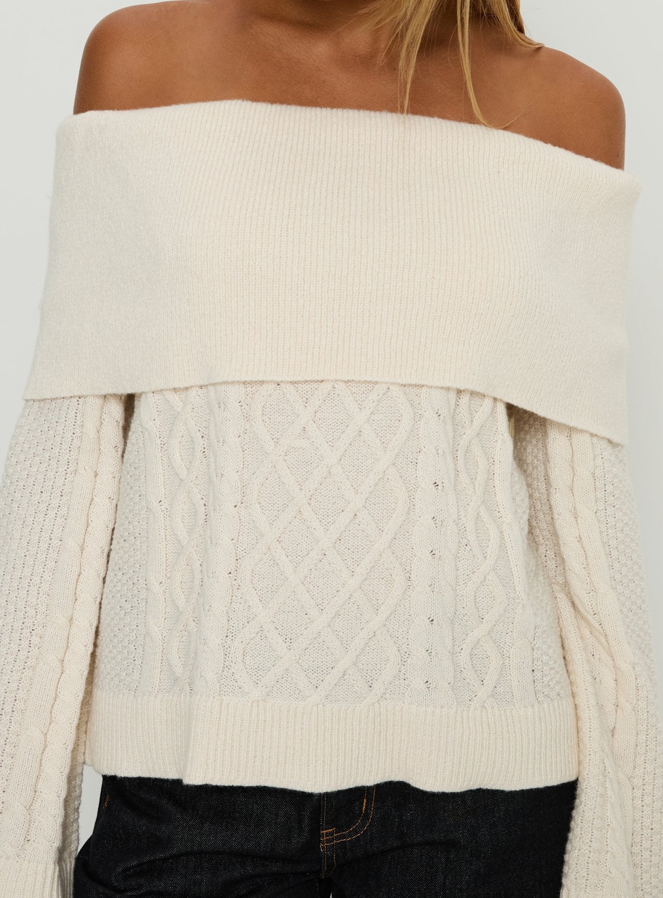 product Princess Polly Margarete Off Shoulder Knit Sweater Cream Longline Jumpers 