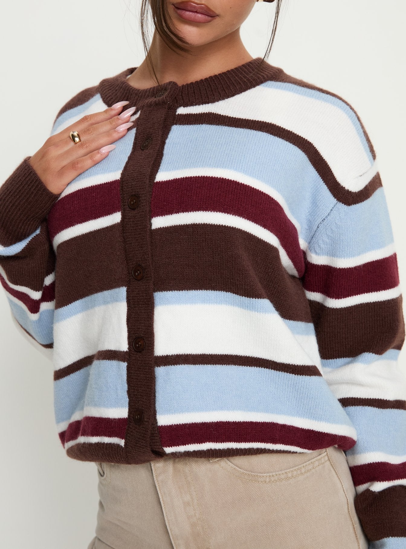 Soline Knit Cardigan Blue / Brown Stripe | Princess Polly Soline Knit Cardigan Blue / Brown Stripe | Princess Polly