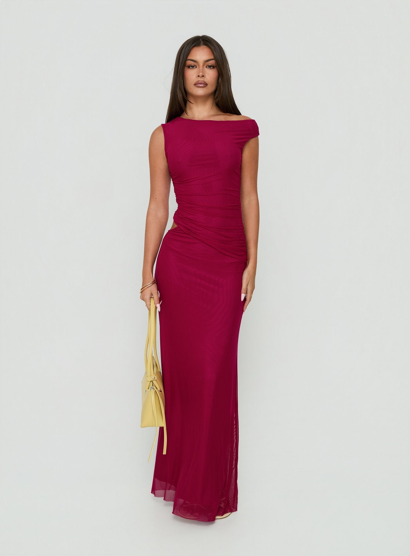 Krystyna Off Shoulder Ruched Mesh Maxi Dress Berry