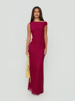 Krystyna Off Shoulder Ruched Mesh Maxi Dress Berry