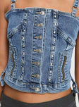 Denim top Adjustable straps, button fastening, twin pockets with exposed zip closure