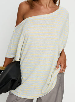 Winny Off Shoulder Tee Grey Marle / Lemon Stripe