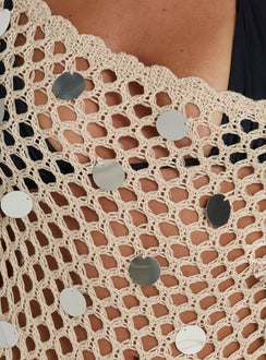 Caija Crochet Embellished Poncho Top Beige