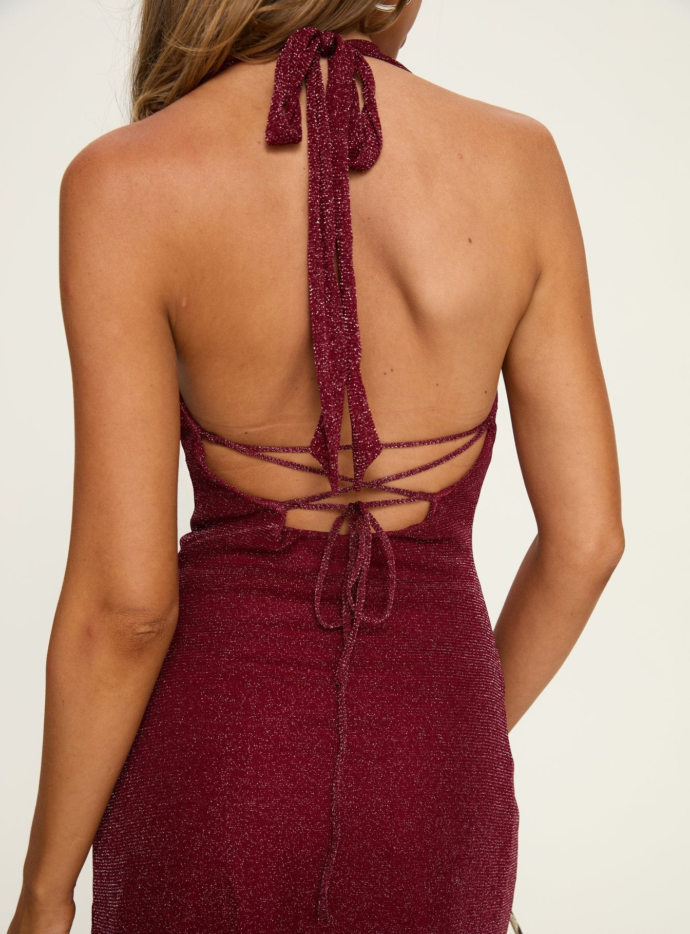 Hypnotise Ruched Halter Mini Dress Burgundy Shimmer | Princess Polly Hypnotise Ruched Halter Mini Dress Burgundy Shimmer | Princess Polly