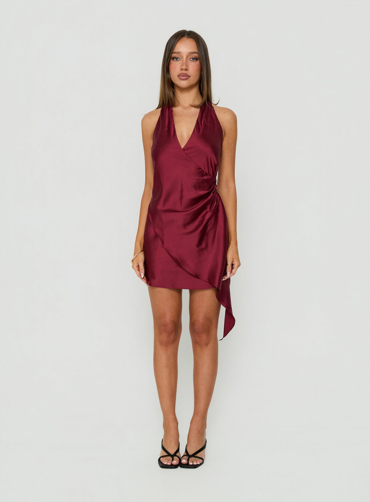 Landree Wrap Halter Satin Mini Dress Burgundy