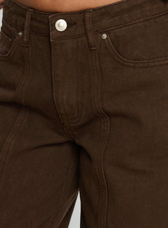 back view of model wearing Princess Polly Lando Low Rise Straight Leg Jeans Chocolate Mid Rise Jeans 