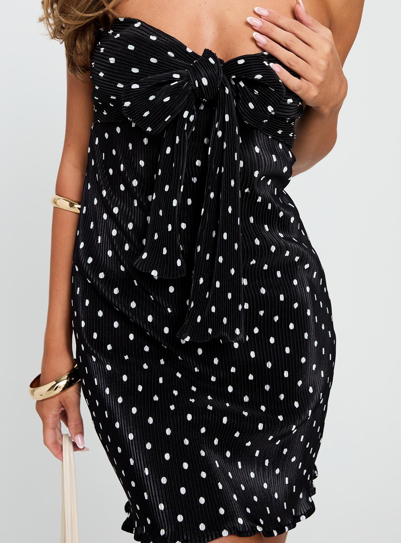Granno Plisse Mini Dress Black / Polka Dot | Princess Polly Granno Plisse Mini Dress Black / Polka Dot | Princess Polly