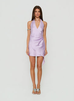 Landree Wrap Halter Satin Mini Dress Lilac
