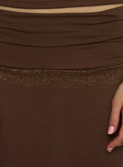 back view of model wearing Princess Polly Zespri Jersey Maxi Skirt Brown Maxi Skirts 