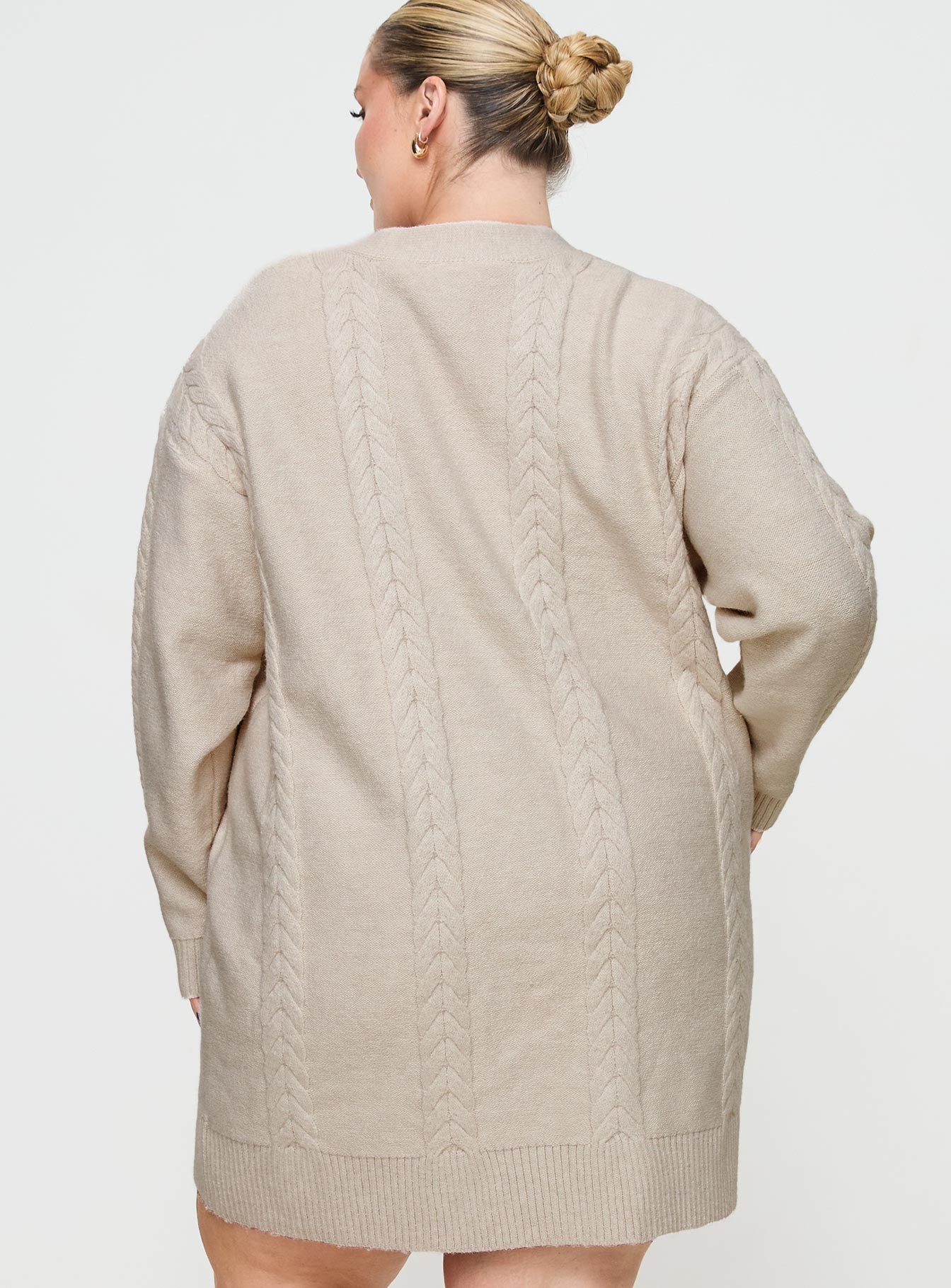 back view of model wearing Princess Polly Cardi Long Sleeve Mini Dress Cream Curve V-Neck 