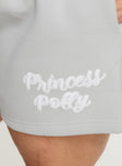 Princess Polly Track Shorts Puff Text Grey Curve