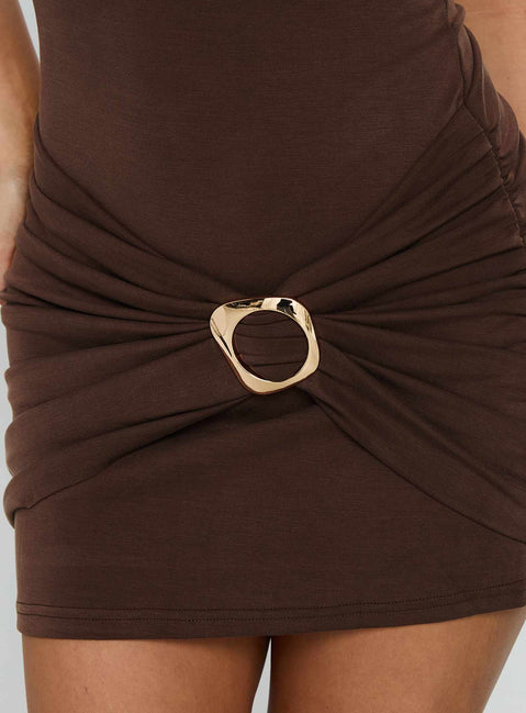 Kharla Ruche Hardware Mini Dress Brown | Princess Polly Kharla Ruche Hardware Mini Dress Brown | Princess Polly