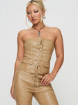 front view of model wearing Princess Polly Anaheim Strapless Top Beige Sleeveless straight 