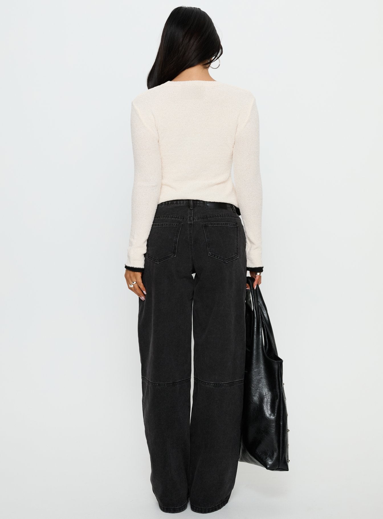 back view of model wearing Princess Polly Lando Low Rise Straight Leg Jeans Washed Black Low Rise Jeans 