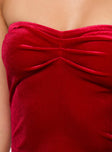 Red Matching velvet set Bandeau top, ruching at bust, elasticated bust line Mini skirt, split at hem, elasticated waist