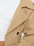 Beige Cropped trench coat Lapel collar, button fastening at front, adjustable & removable belt at waist & cuffs
