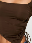 Brown Long sleeve top Asymmetric hem, elasticated ruching at side, invisible zip fastening