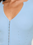 Blue Long sleeve knit top V neckline, hook & eye fastening down front
