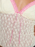 Lace crop top Adjustable shoulder straps, v-neckline, ribbon detail Good stretch, lined bust Cold gentle machine wash 