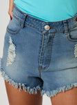 High rise denim shorts Distressed detailing, belt looped waist, zip & button fastening, four pockets Slight stretch, unlined 