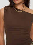 Front view of model wearing  front Princess Polly Sleeveless Asymmetric Neckline  Danza Top Brown