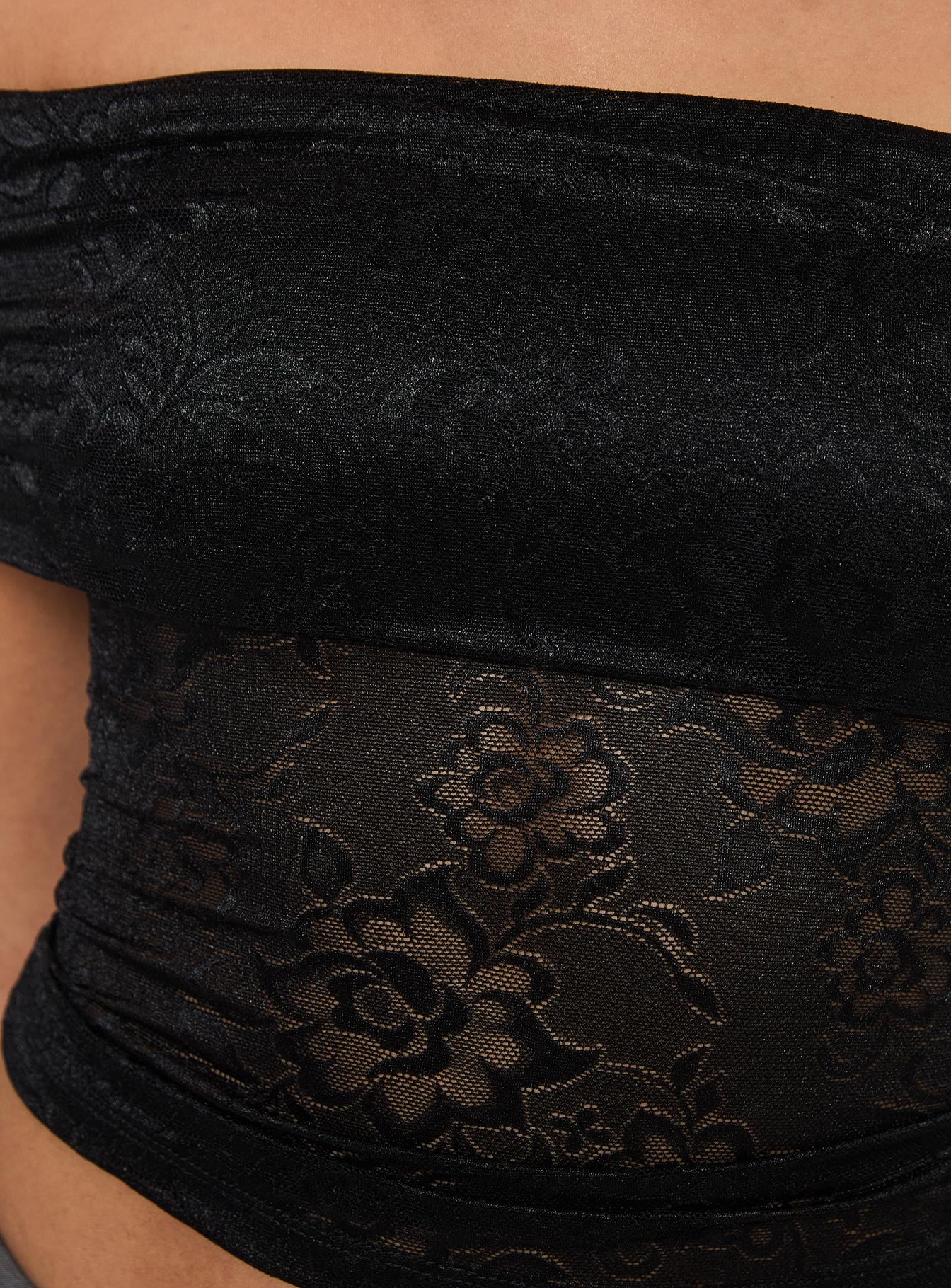 back view of model wearing Princess Polly Werrender Off The Shoulder Top Black Short Sleeves straight 