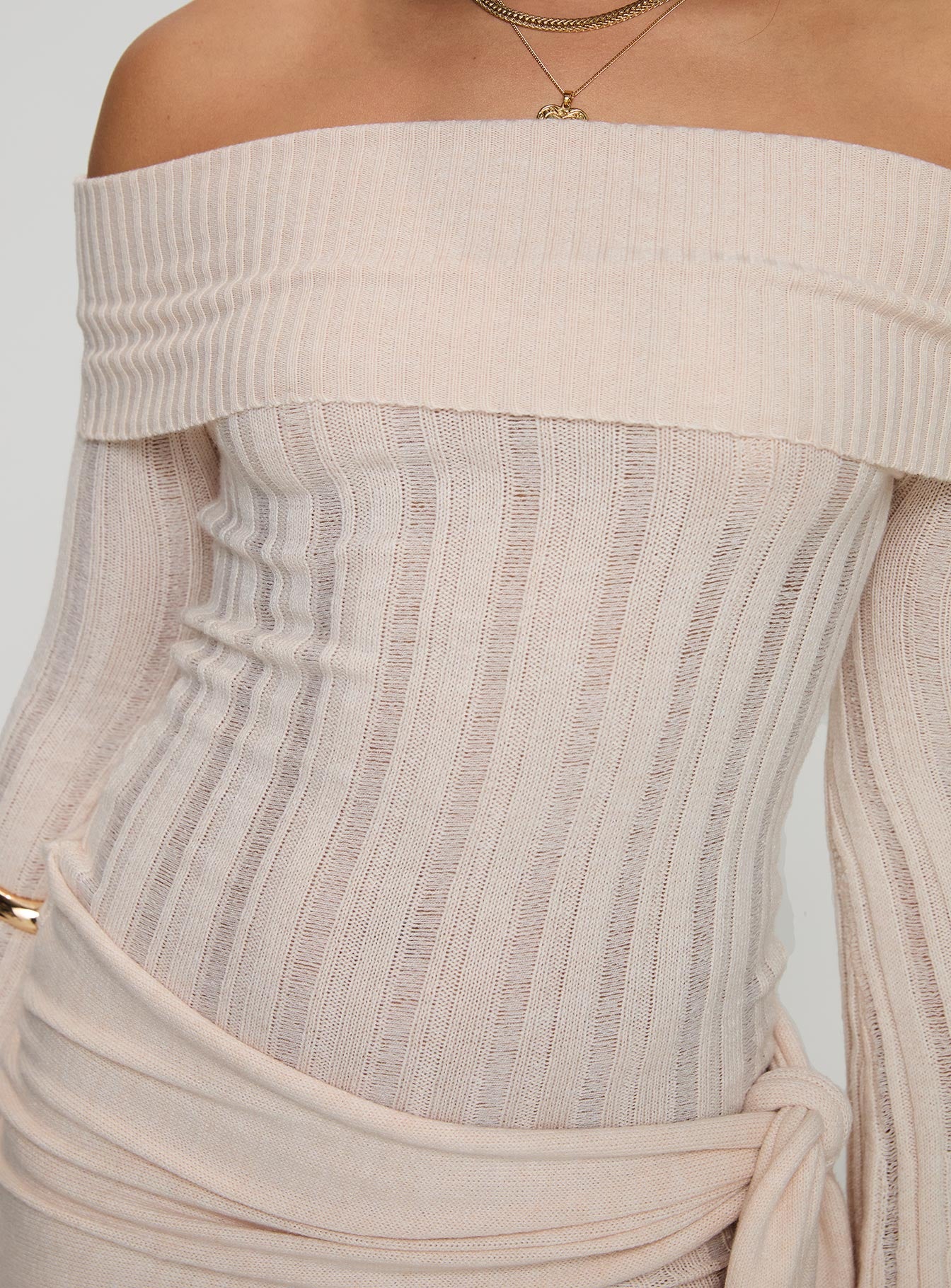 back view of model wearing Princess Polly Oalie Off The Shoulder Mini Dress Cream Straight Neck 