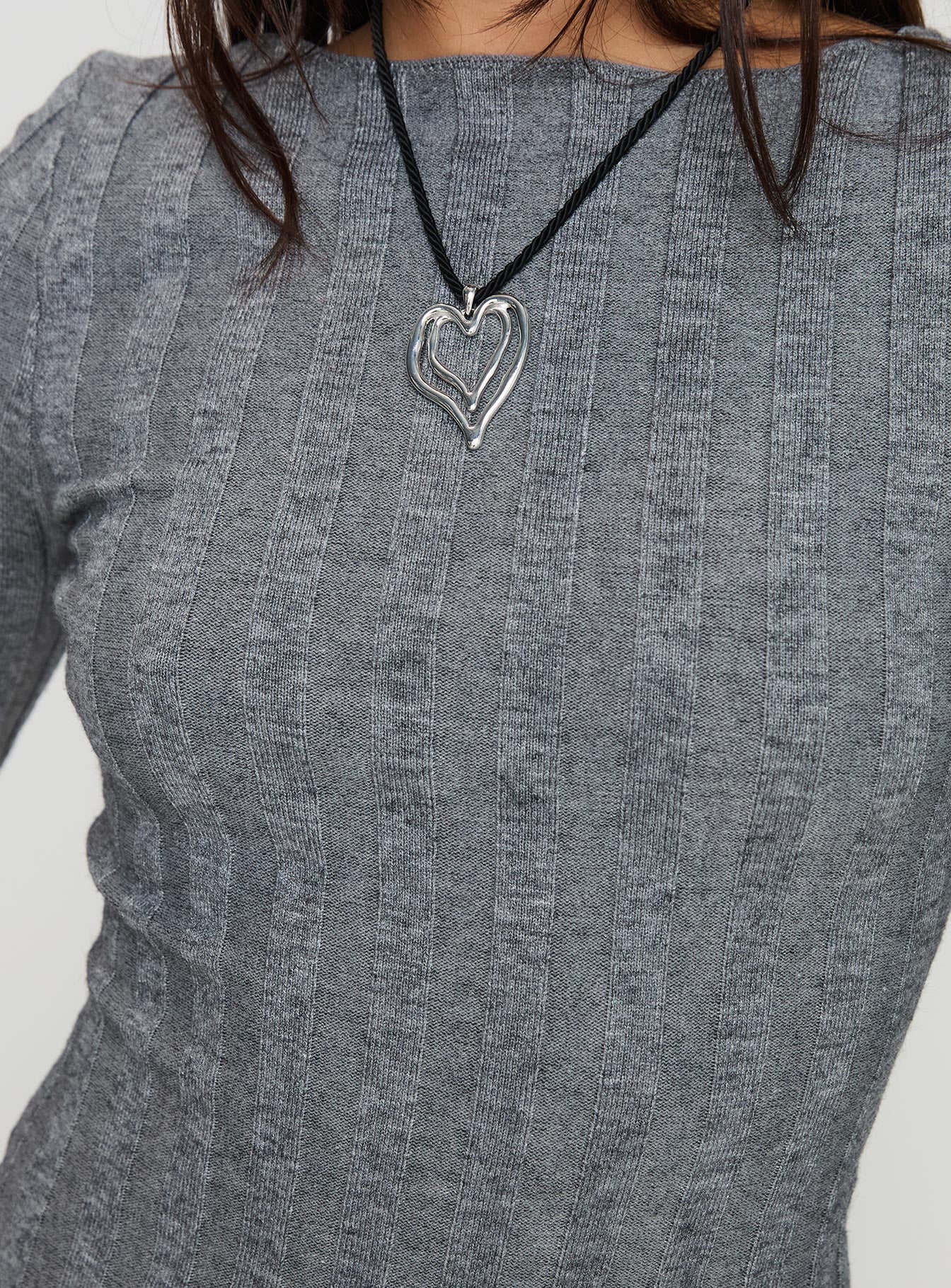 back view of model wearing Princess Polly Rich Girl Mini Dress Grey Marle Boat Neck 