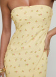 side view of model wearing Princess Polly Brydie Strapless Maxi Dress Yellow Floral Straight Neck 