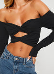 Black Long sleeve top Slim fitting, sweetheart neckline, twin twist detail at bust & waist Good stretch, partially lined