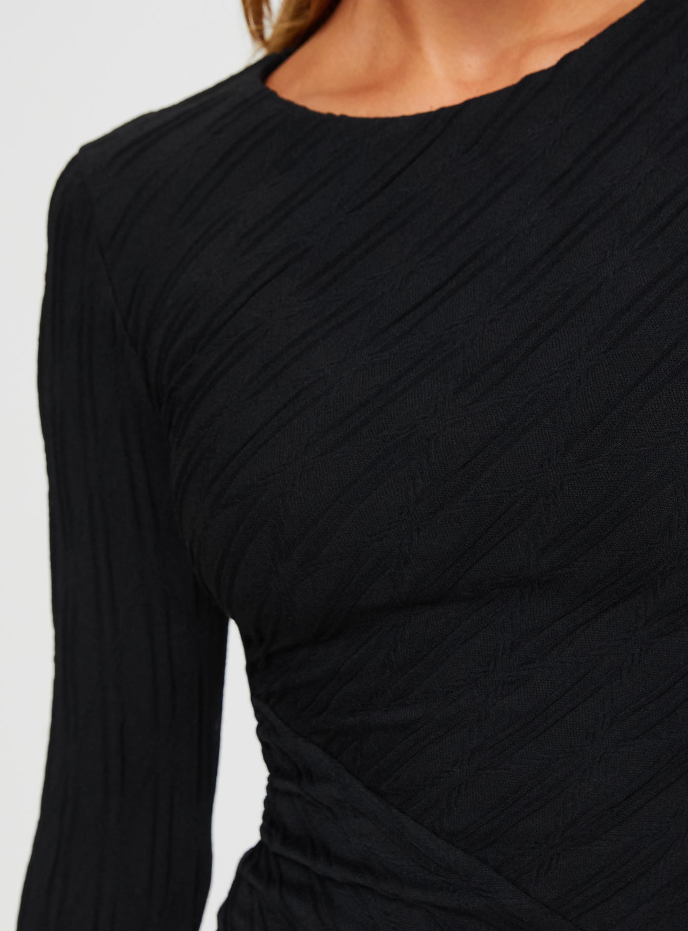 back view of model wearing Princess Polly Dakara Long Sleeve Mini Dress Black Crew Neck 