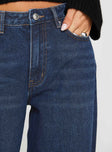 back view of model wearing Princess Polly Naylor Wide Leg Jeans Mid Blue Denim Petite Mid Rise 