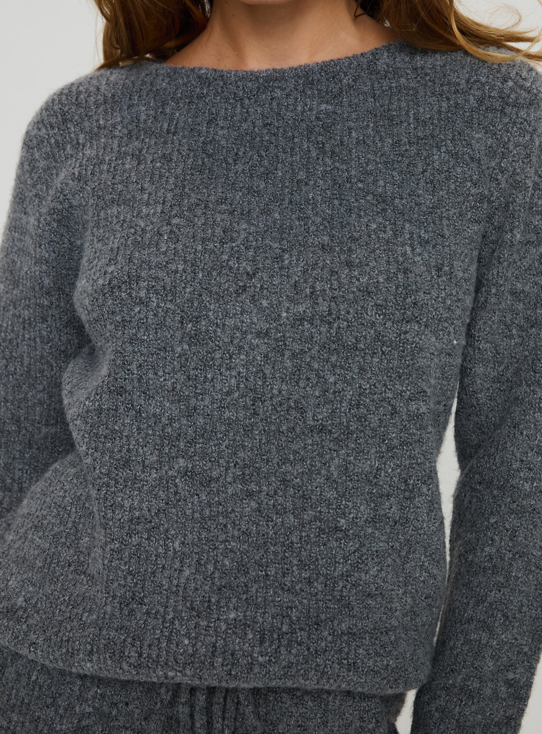 back view of model wearing Princess Polly Abrams Rib Knit Crew Sweater Charcoal Marle 
