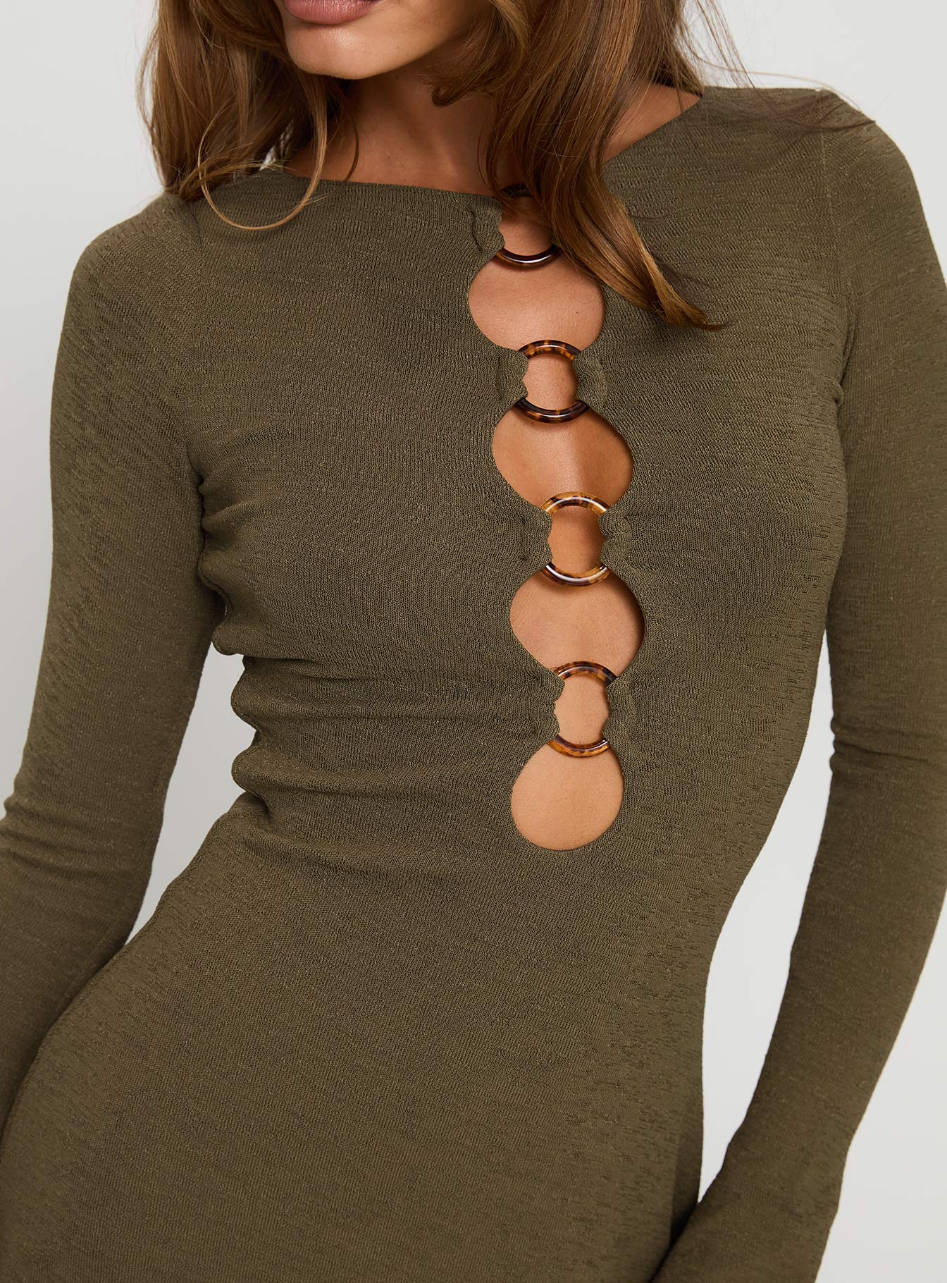 back view of model wearing Princess Polly Dejonge Ring Mini Dress Olive Crew Neck 