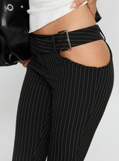 side view of model wearing Princess Polly Yves Pant Onyx Pinstripe Low Rise Pants 