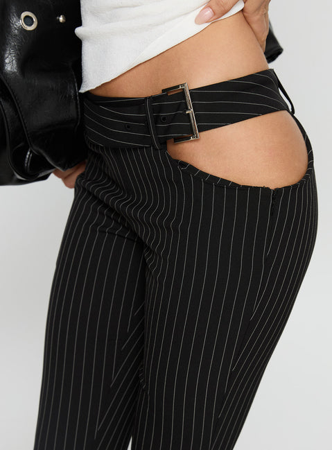 side view of model wearing Princess Polly Yves Pant Onyx Pinstripe Low Rise Pants 