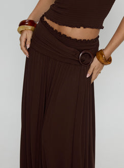 back view of model wearing Princess Polly Full Orbit Shirred Maxi Skirt Chocolate Brown Maxi Skirts 