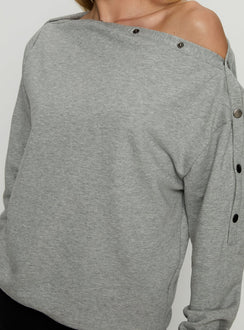 back view of model wearing Princess Polly Hazle Stud Detail Off Shoulder Jumper Grey Longline Jumpers 