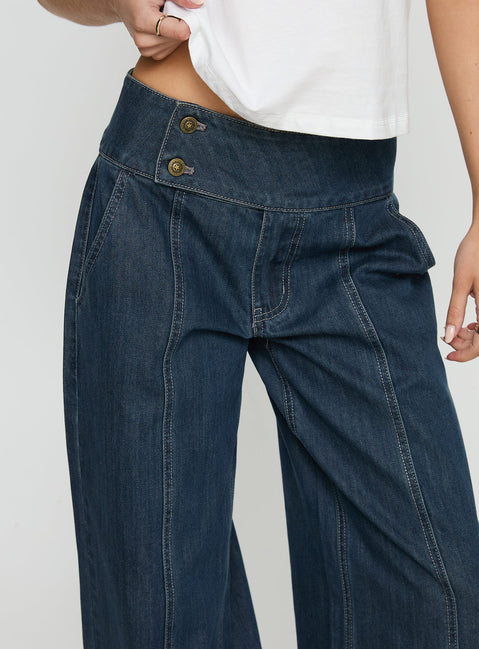 front view of model wearing Princess Polly Nikoletta Foldover Jeans Dark Wash / Check Mid Rise Jeans 