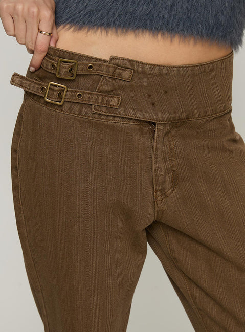 side view of model wearing Princess Polly Thrill Ride Mid Rise Corduroy Flare Jeans Washed Brown Mid Rise Jeans 