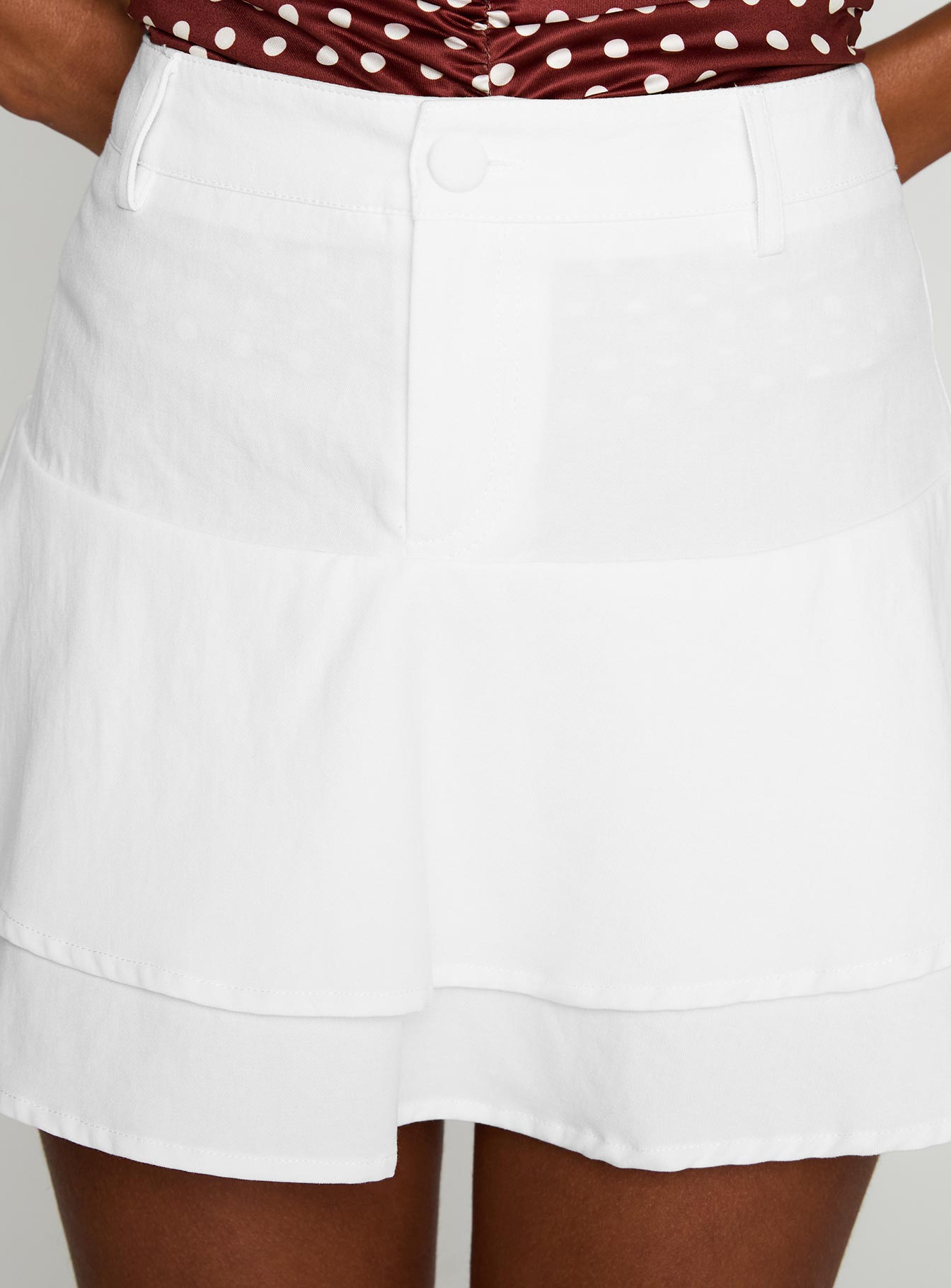   front view of model wearing Princess Polly Boderek Mini Skirt White Mini Skirts 