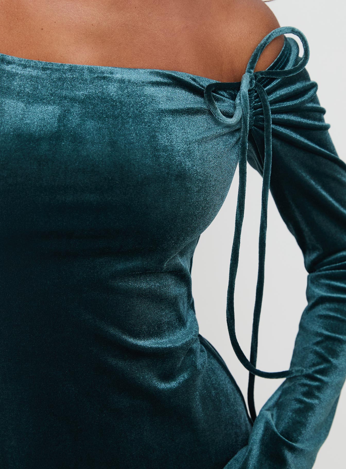 back view of model wearing Princess Polly Intertwine Long Sleeve Mini Dress Forest Green Straight Neck 