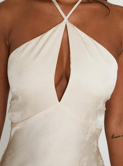 back view of model wearing Princess Polly Limosina Halter Maxi Dress Champagne Plunger 